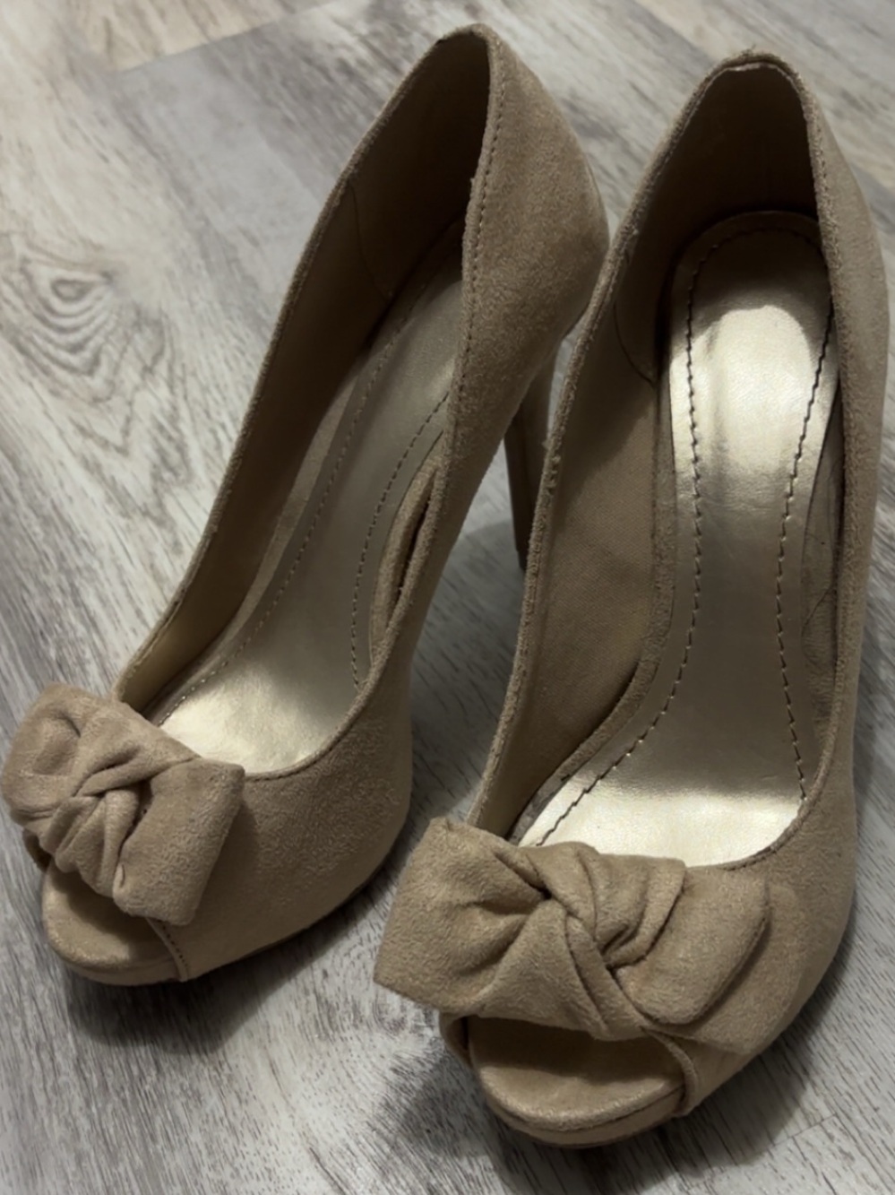 FIONI  Tan Peep-Toe Bow Suede Stiletto Heels